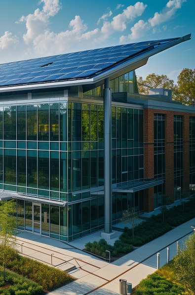 Bâtiment moderne en verre et brique avec toiture équipée de panneaux solaires